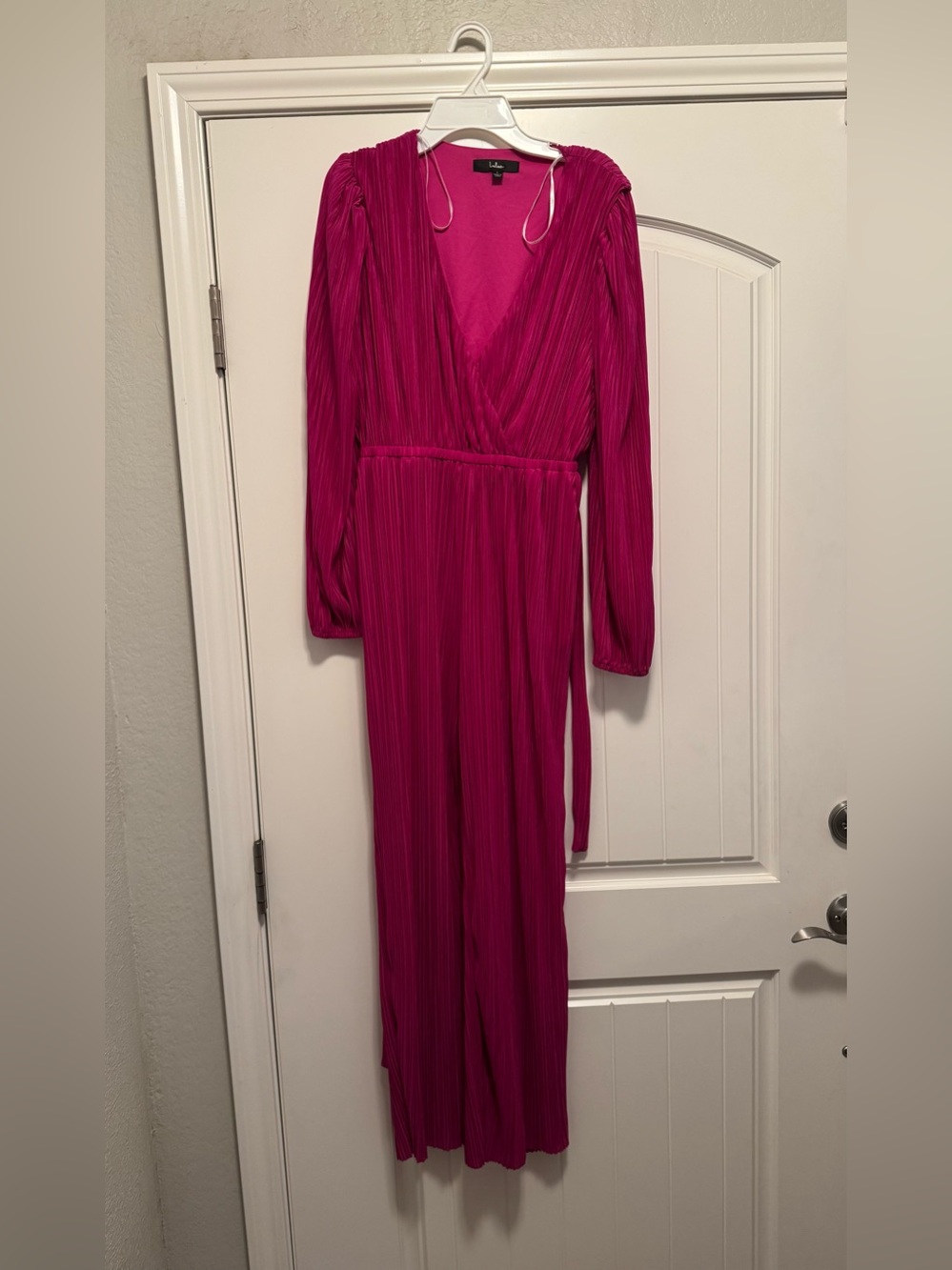 Lulus Simply Ravishing Magenta Plissé Long Sleeve Wide-Leg Jumpsuit Size S